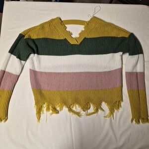 Full Circle Trends Womens Medium Distressed Striped Shaker Knit Sweater Mustard